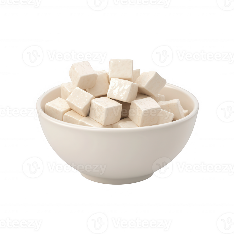 A bowl filled with fresh, soft tofu cubes ideal for healthy meals and recipes. png