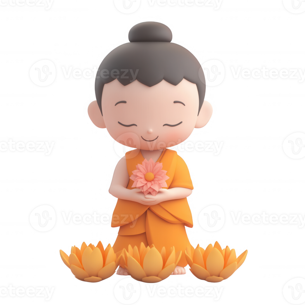 A serene monk character holding a lotus flower among blooming lotuses. png