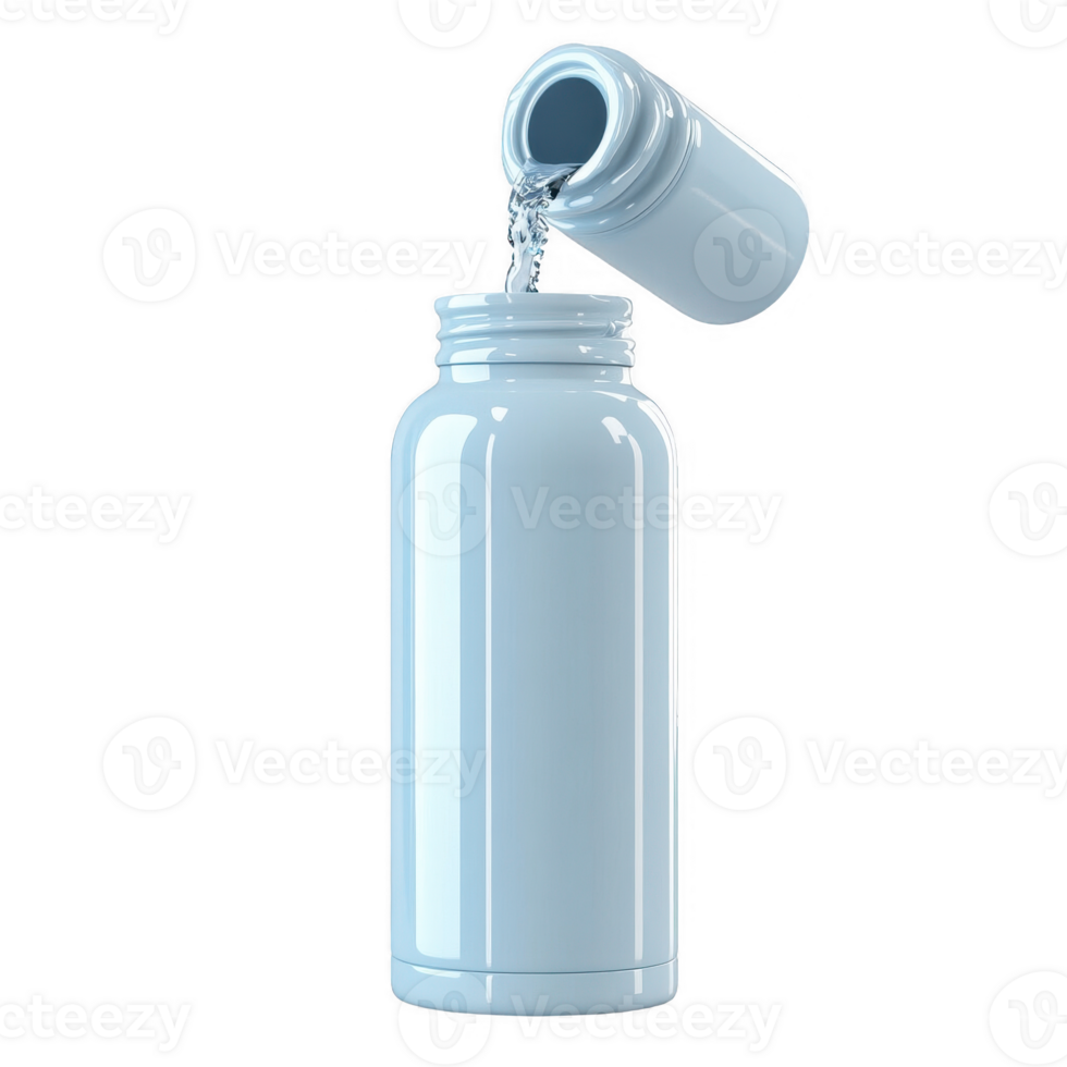 A clean water bottle pouring fresh water, symbolizing hydration and health. png