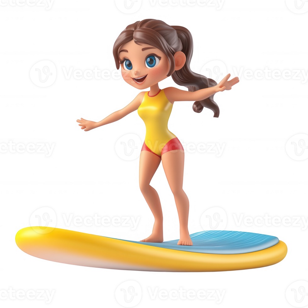 A cheerful girl surfing on a bright sunny day, showcasing a fun and active lifestyle. png