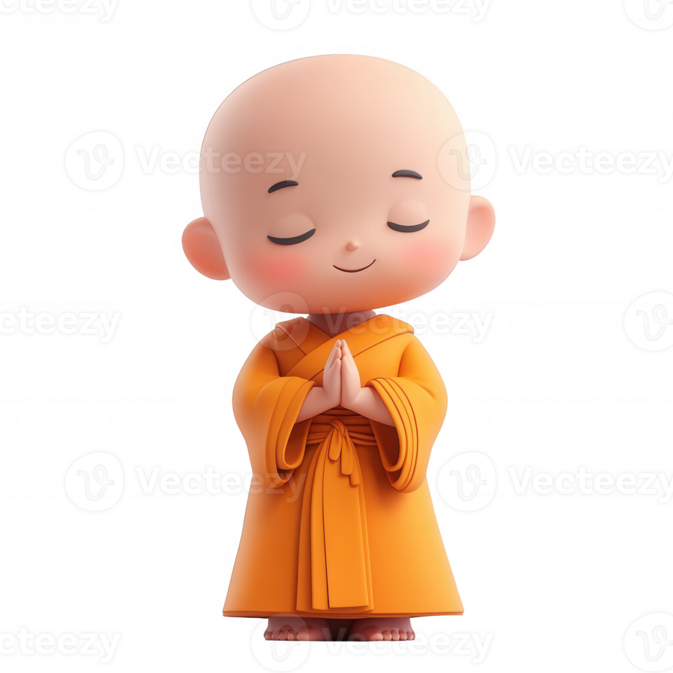 A cute cartoon monk character in a traditional orange robe, embodying peace and serenity. png