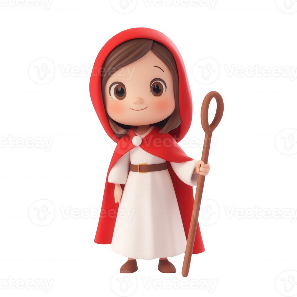 A whimsical character in a red cape, holding a staff, embodying a fairy tale essence. png