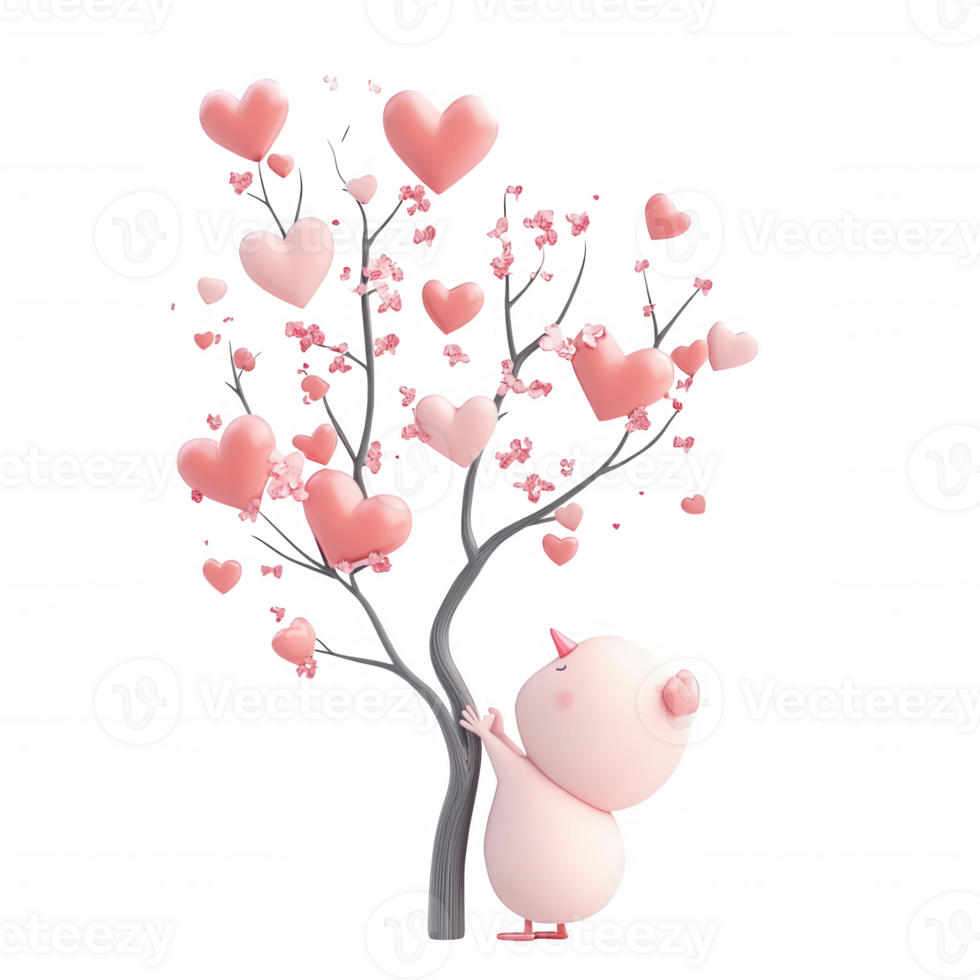 A cute pink bear embraces a tree adorned with heart-shaped blossoms. png