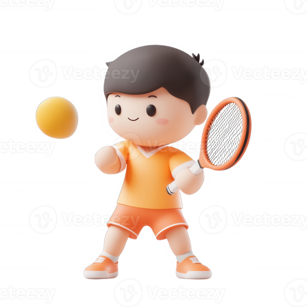A cheerful cartoon boy playing tennis with a racket and ball, promoting active play. png