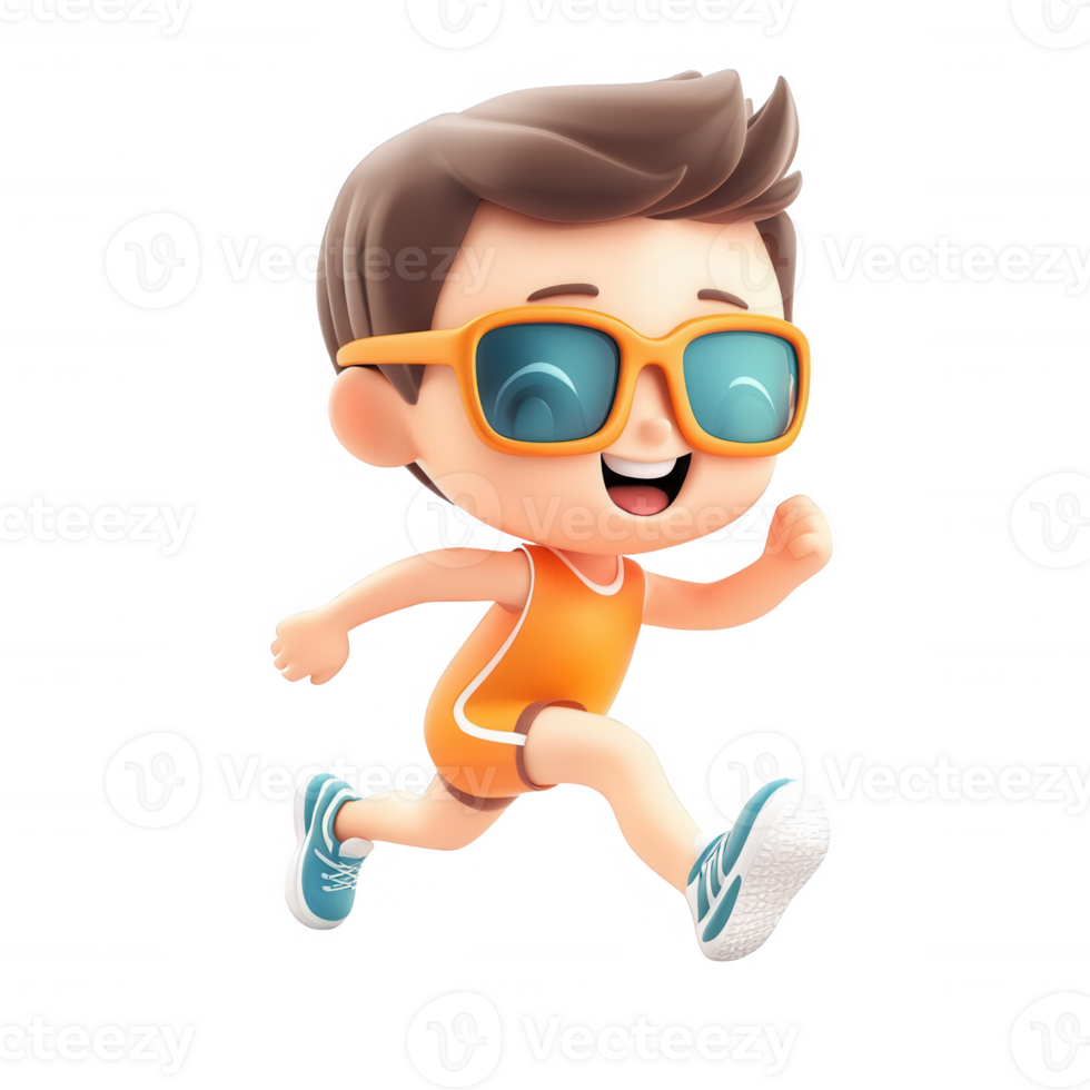 A cheerful cartoon character running energetically in sporty attire and sunglasses. png