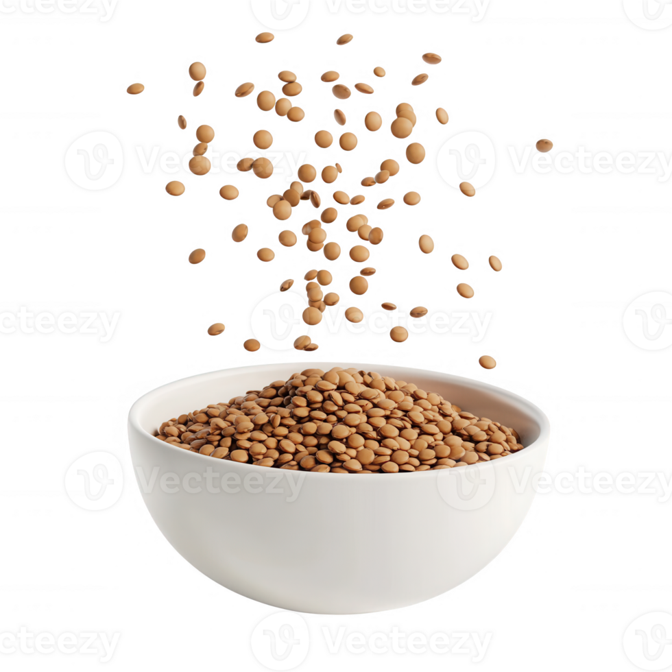Brown lentils pouring from above into a white bowl, showcasing healthy ingredients. png