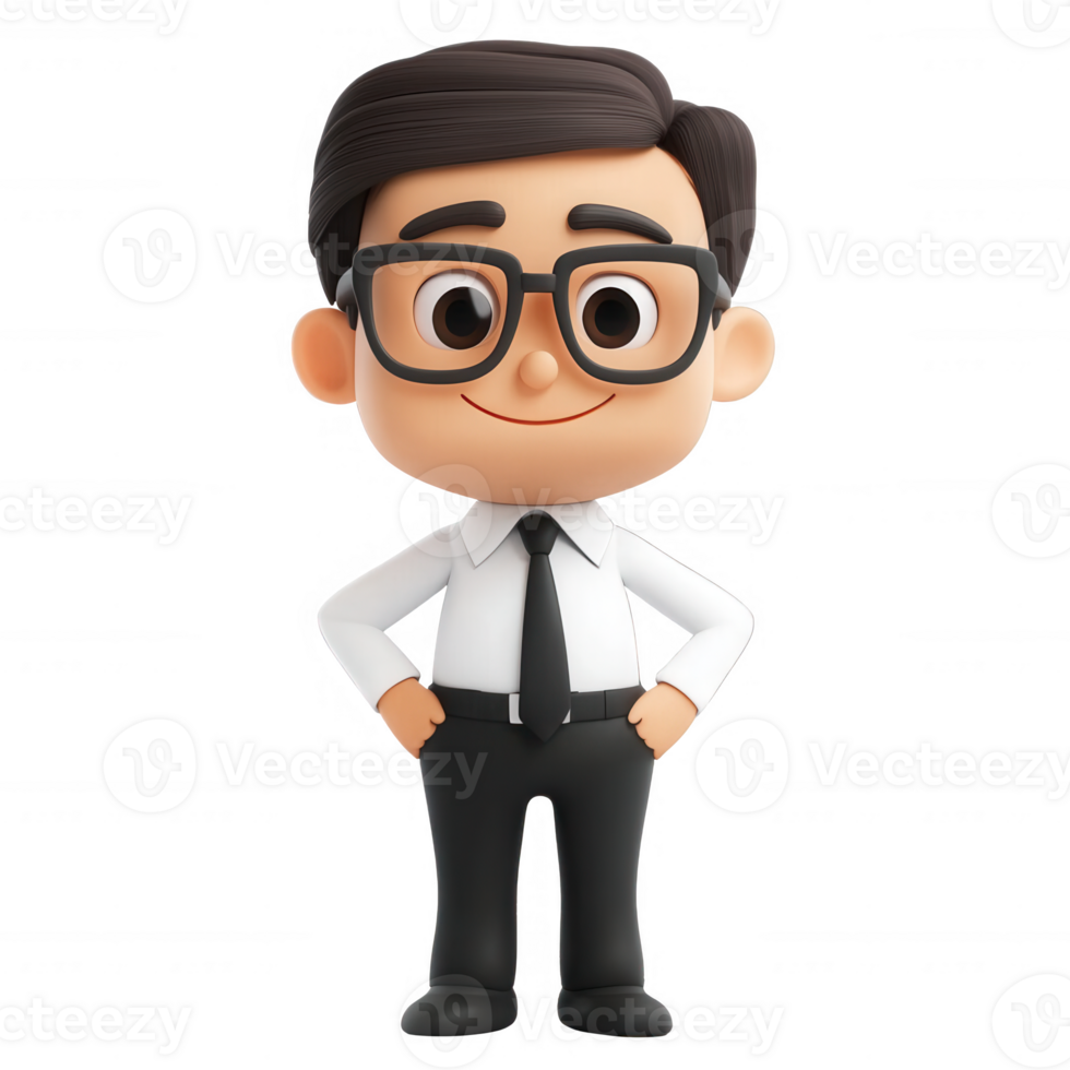 Cheerful cartoon character in business attire, showcasing confidence and approachability. png