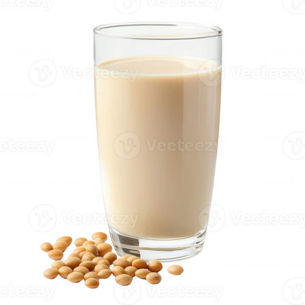 A refreshing glass of soy milk beside scattered soybeans on a white background. png