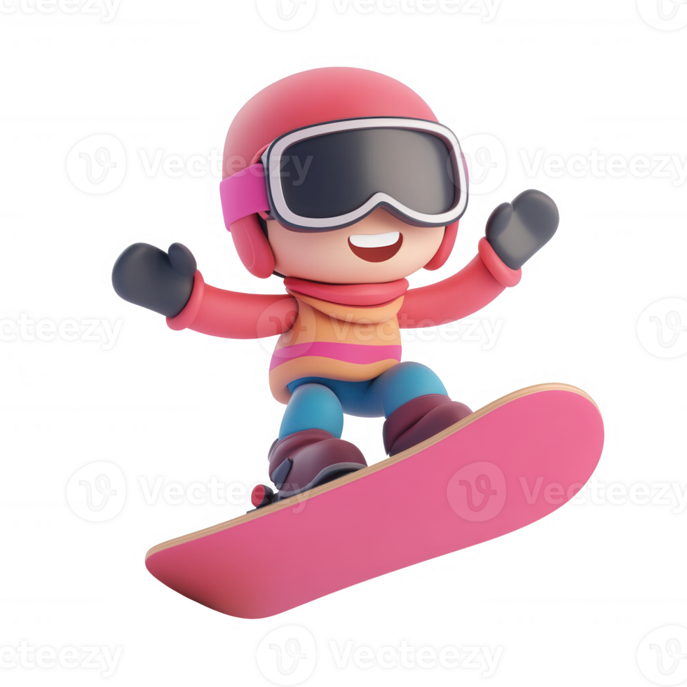 A cheerful cartoon character enjoying snowboarding on a vibrant pink snowboard. png