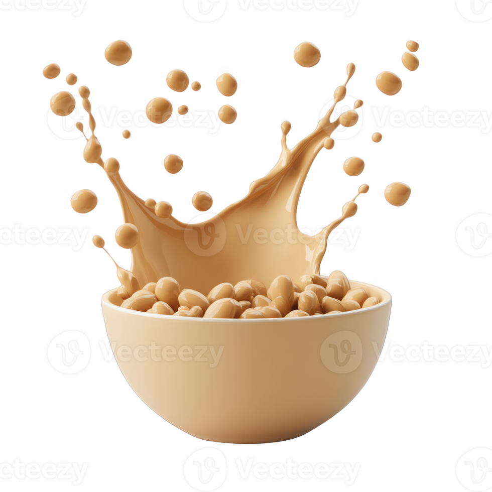 A dynamic splash of creamy liquid and soybeans in a bowl, perfect for culinary visuals. png
