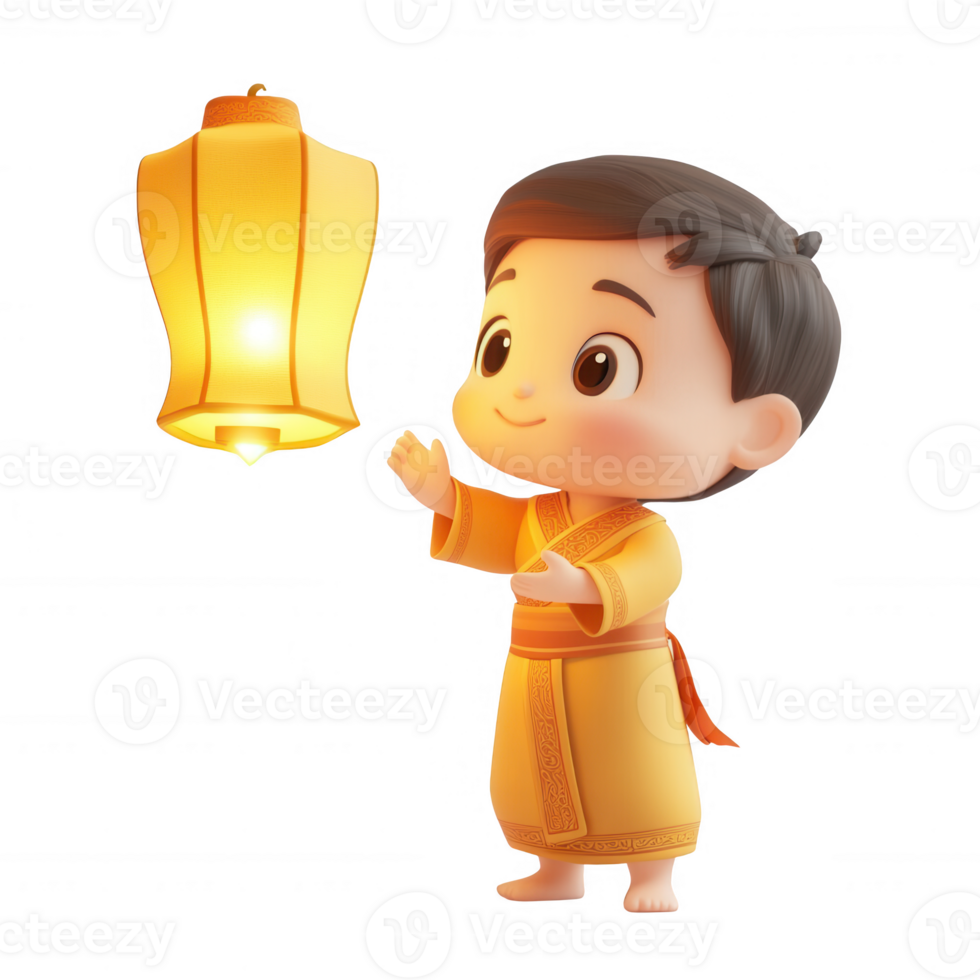 A joyful child in traditional attire holding a glowing lantern. png