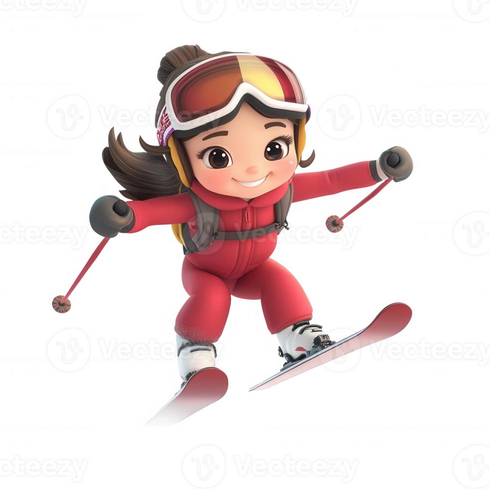 A cheerful girl skiing down a snowy slope, showcasing fun in winter sports. png