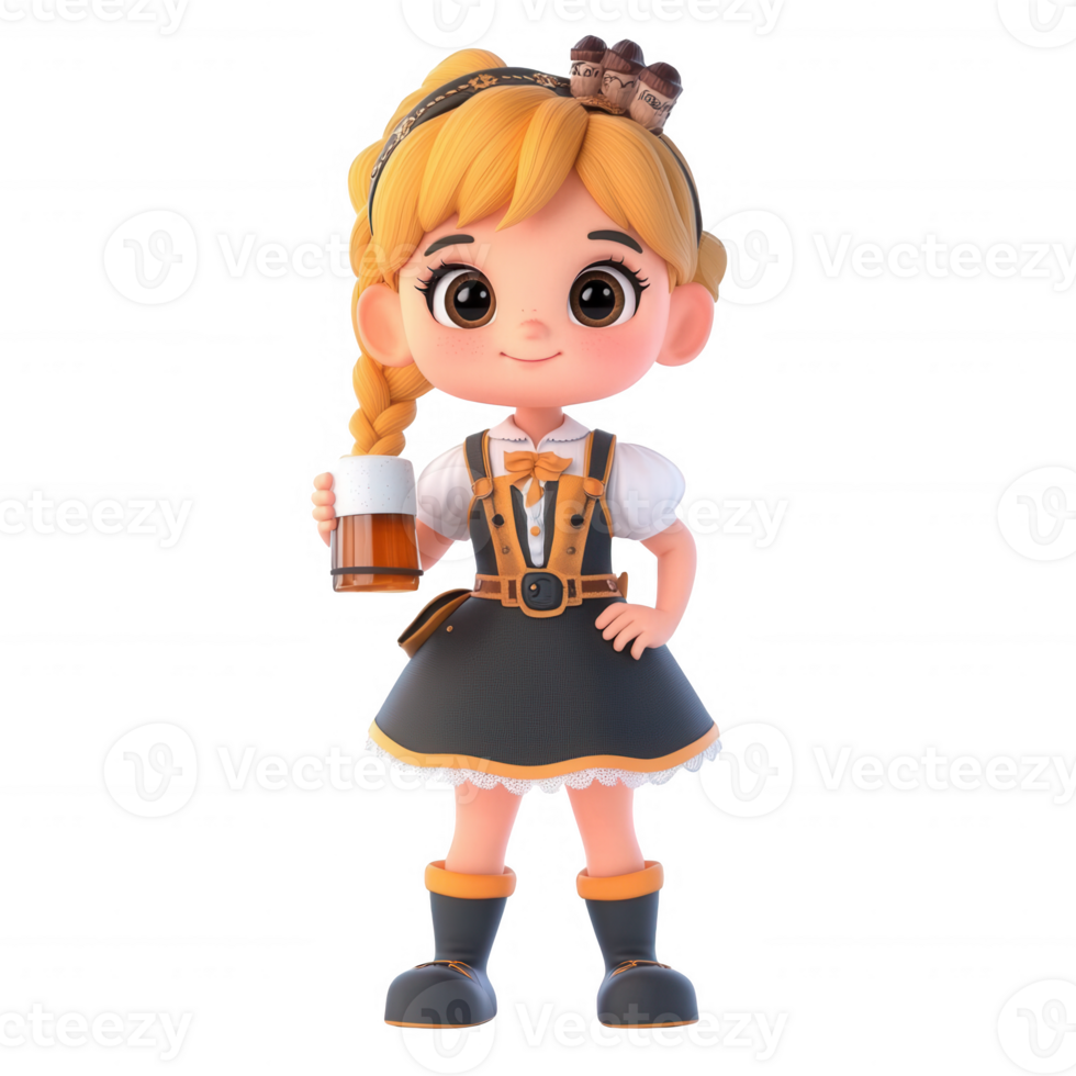 A cheerful girl in traditional attire holding a beer mug, representing festive culture. png
