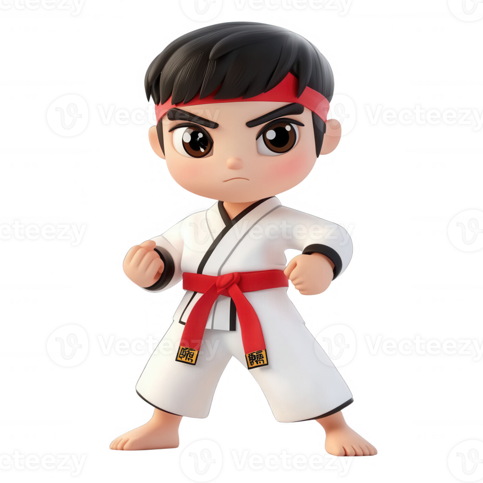 A fierce cartoon martial artist in a traditional karate uniform ready to compete. png