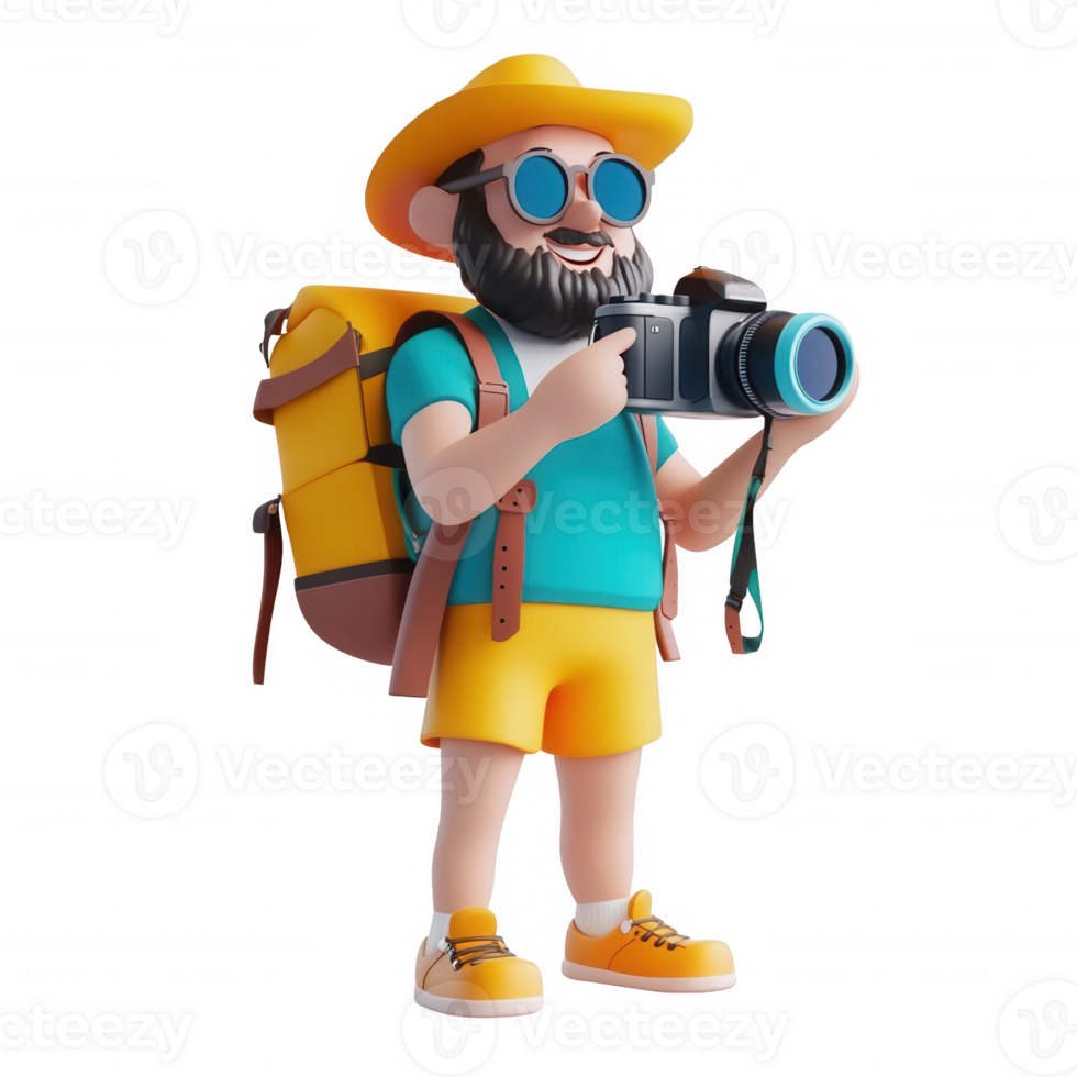 A cheerful traveler with a camera ready to capture scenic adventures outdoors. png