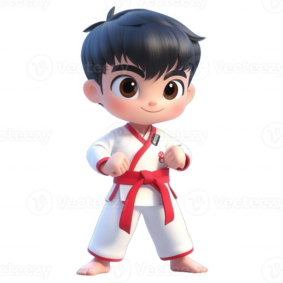 A cute cartoon boy in a karate uniform demonstrating a confident pose. png