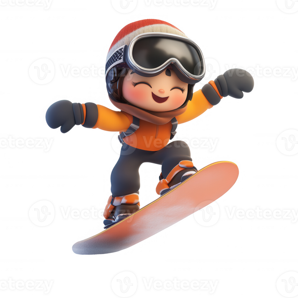 Cheerful child snowboarding with vibrant winter attire, enjoying a snowy adventure. png