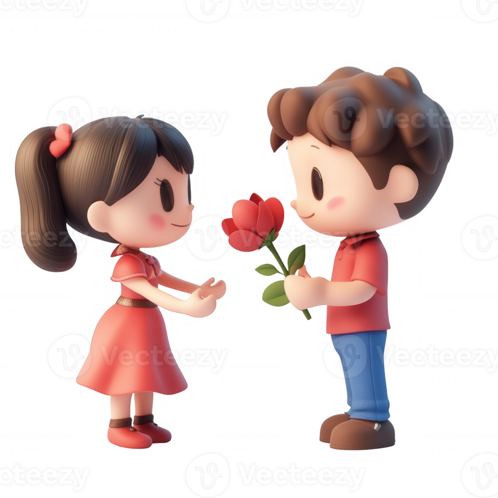 A charming illustration of a boy giving a flower to a girl, symbolizing love and friendship. png