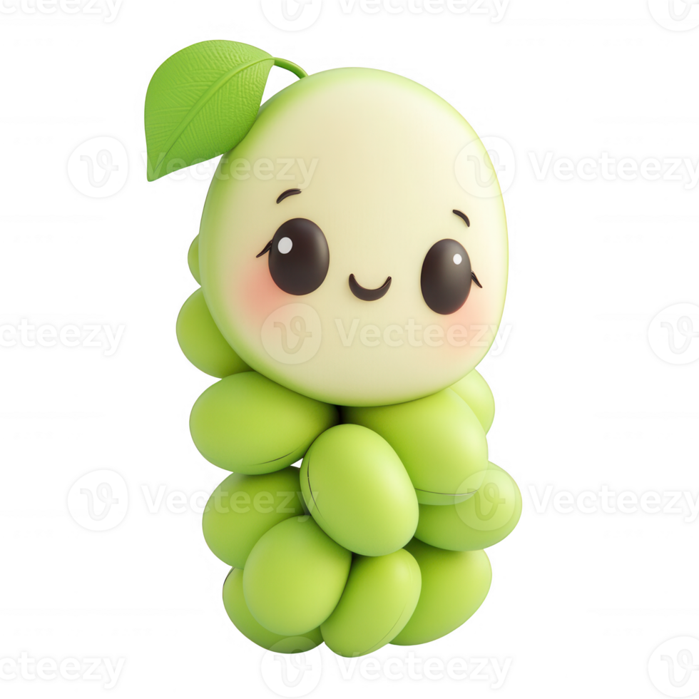 A cute cartoon character shaped like a cluster of green grapes with a smiling face. png