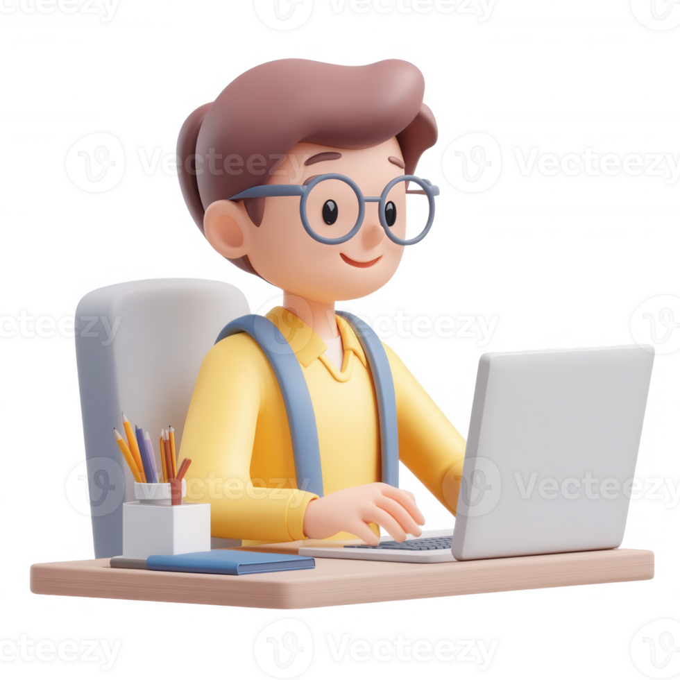 A young boy working diligently on his laptop at a modern desk with stationery. png