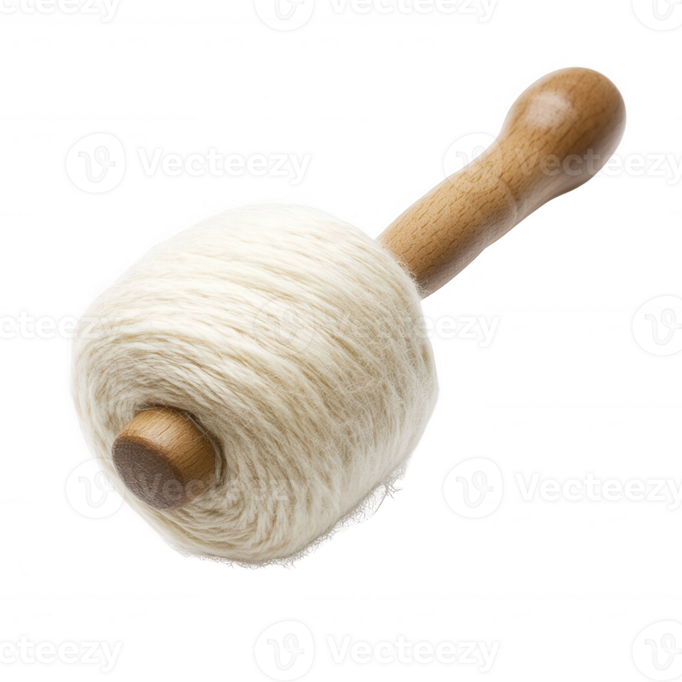 A close-up of a wooden drop spindle with white wool yarn for crafting and spinning. png