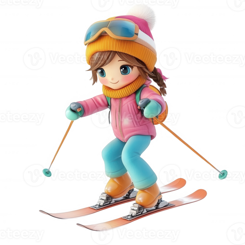 A cheerful child skiing down a snowy slope on a winter day, showcasing joyful movement. png