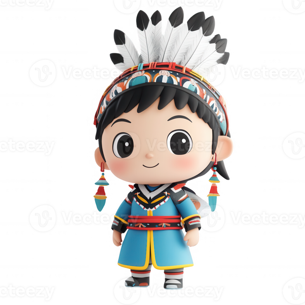 A cheerful cartoon character dressed in traditional Native attire with feathers. png