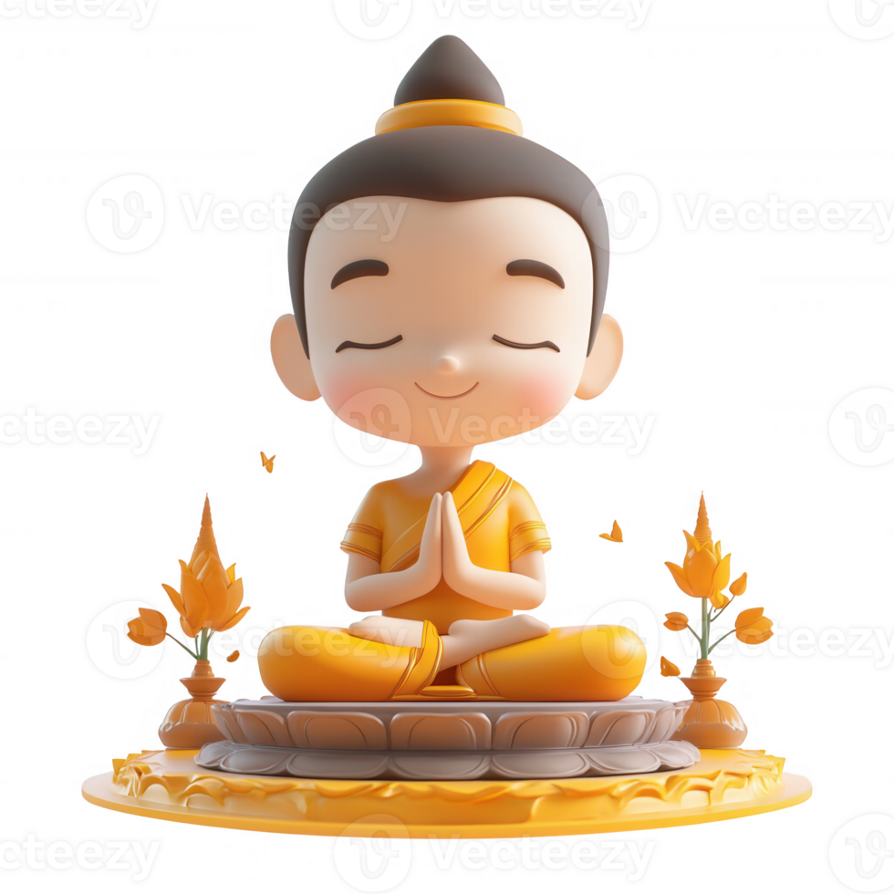 A serene cartoon Buddha figure meditating with calm expressions and warm colors. png