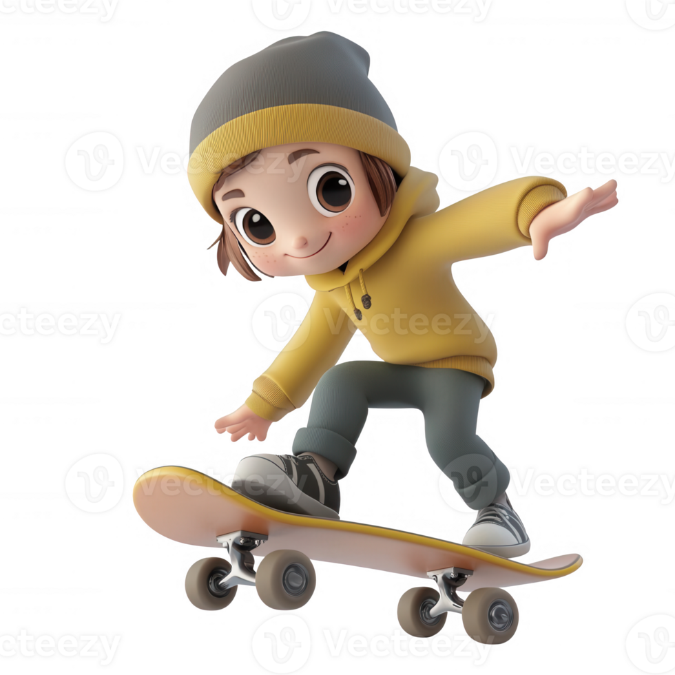 A cheerful young boy skillfully skateboarding in a stylish yellow hoodie. png