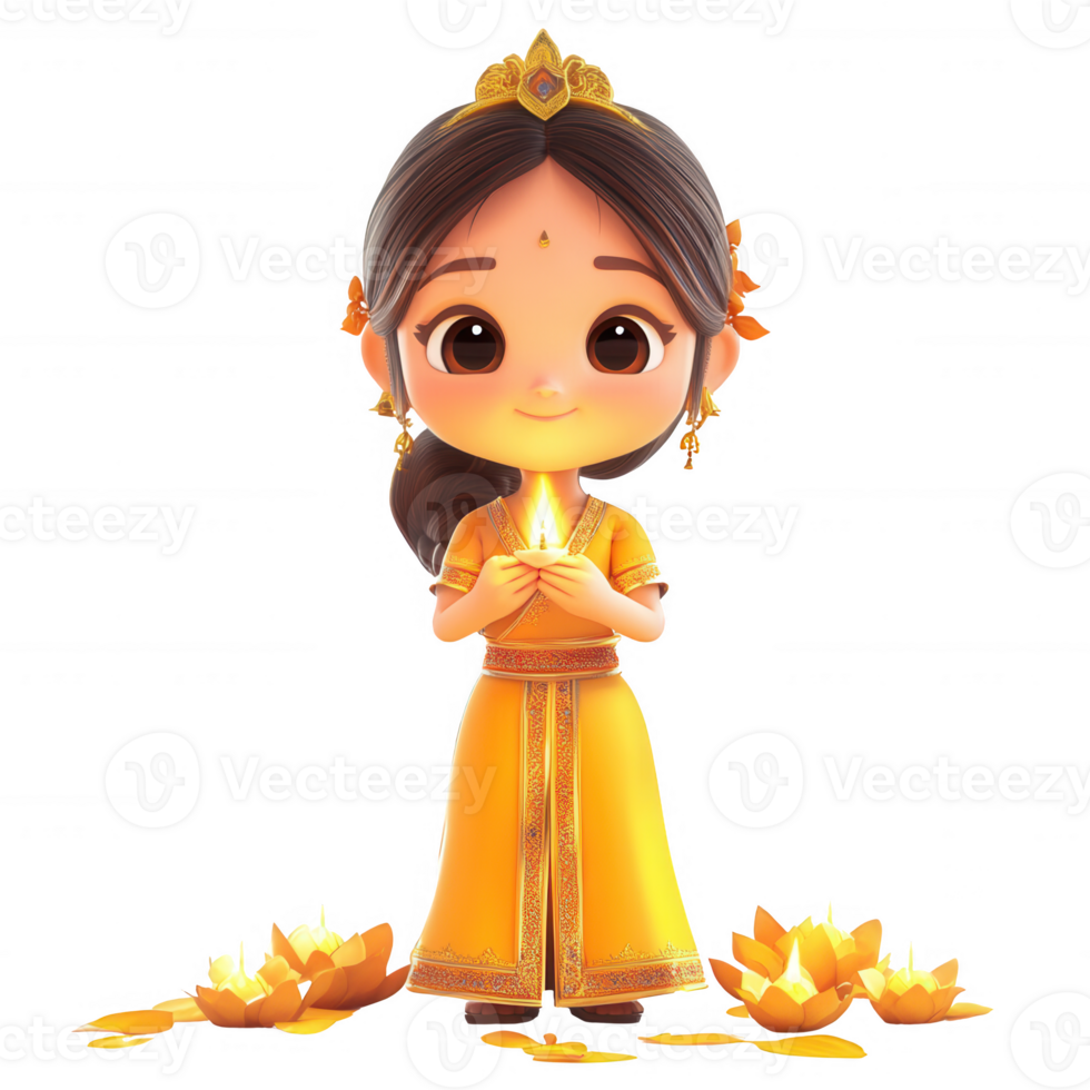 A joyful girl in traditional attire celebrating with a glowing lotus flower. png