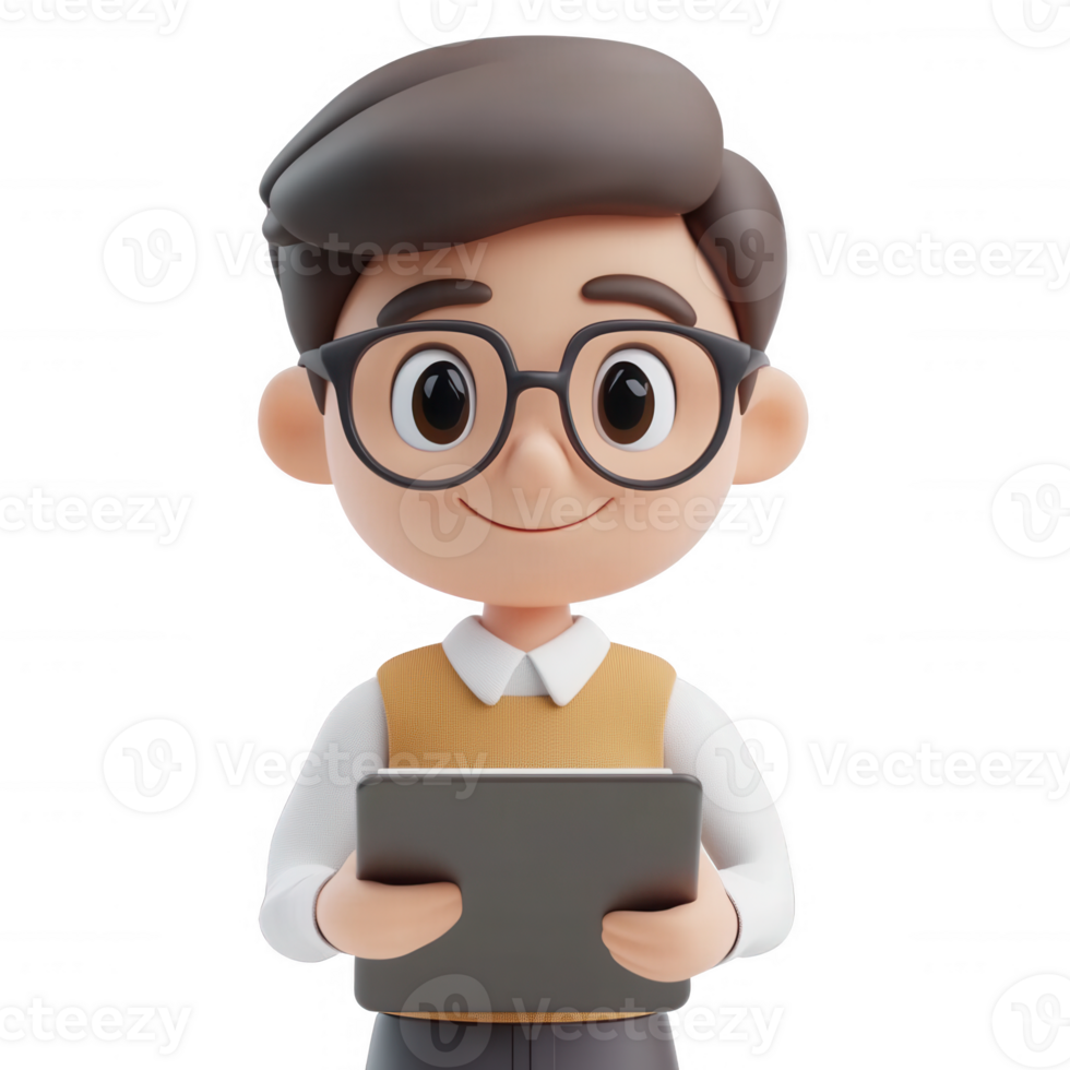 Cheerful cartoon character using a tablet, embodying creativity and modern technology. png
