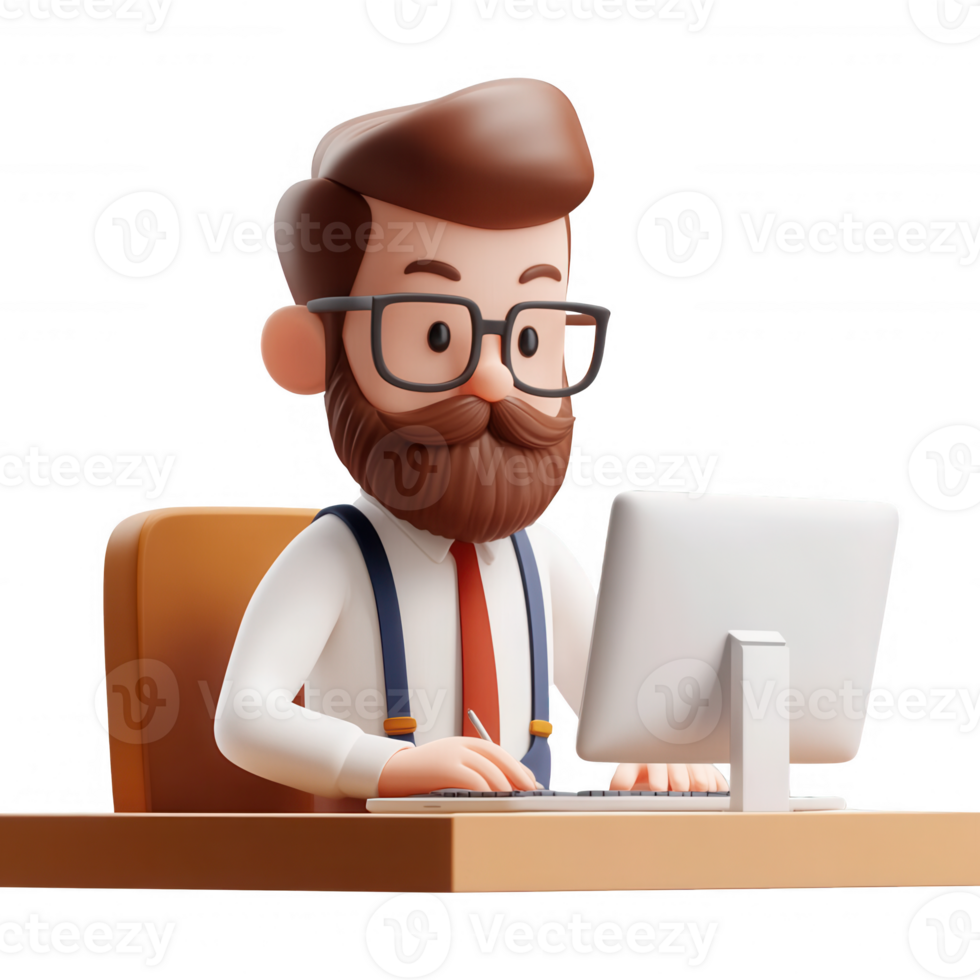 A cartoon businessman focused on his computer, representing modern work culture. png