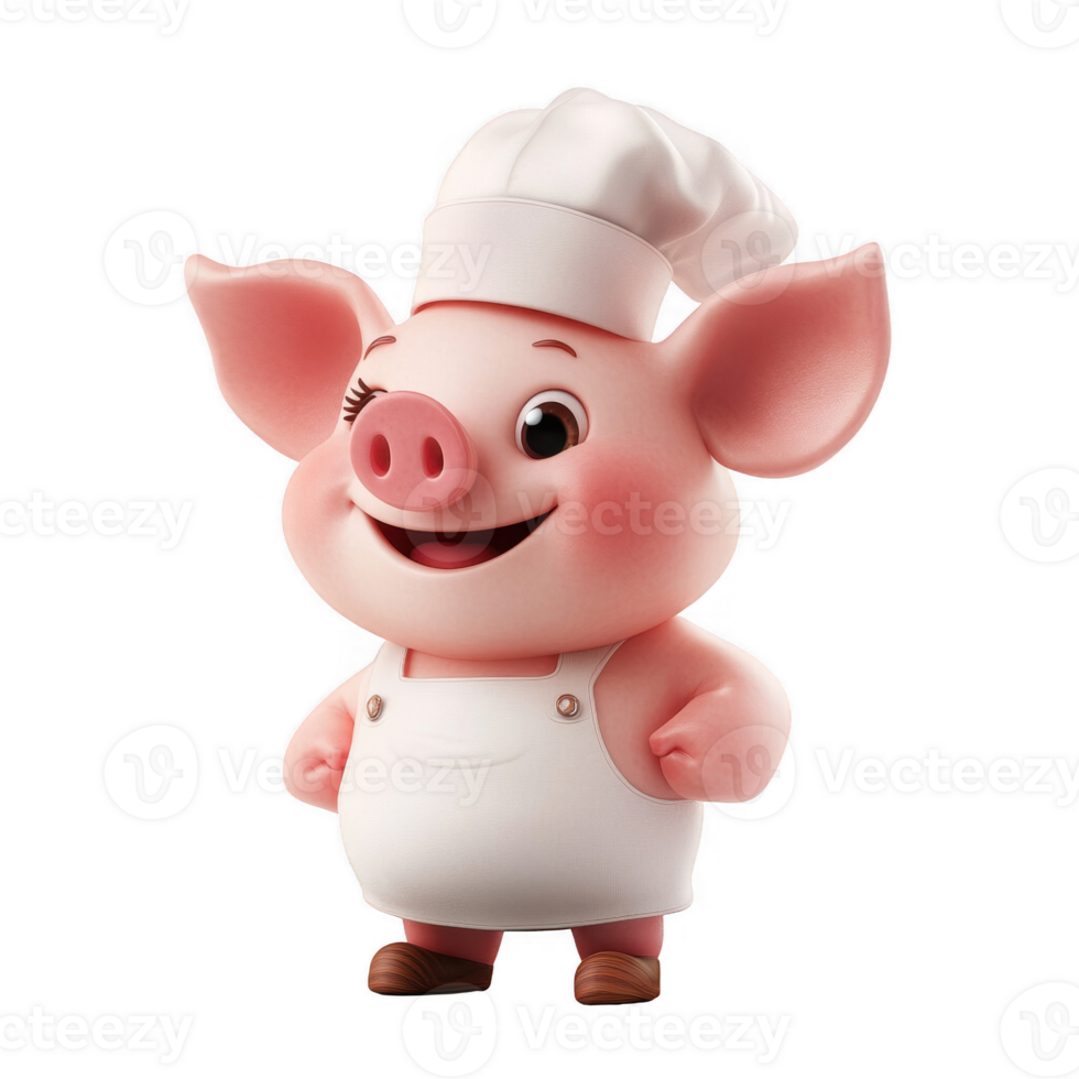 A cheerful cartoon pig chef, ready to cook delicious meals in a playful kitchen. png