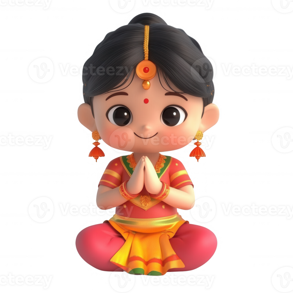 A cheerful cartoon character in traditional attire, greeting with folded hands. png