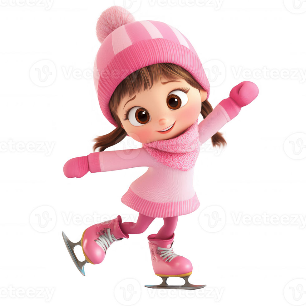 une de bonne humeur fille la glace patinage dans une mignonne rose tenue, profiter hiver des sports en plein air. png
