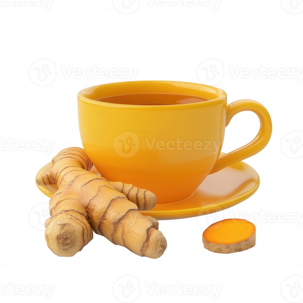 A vibrant yellow cup of turmeric tea with fresh roots and a slice of turmeric. png