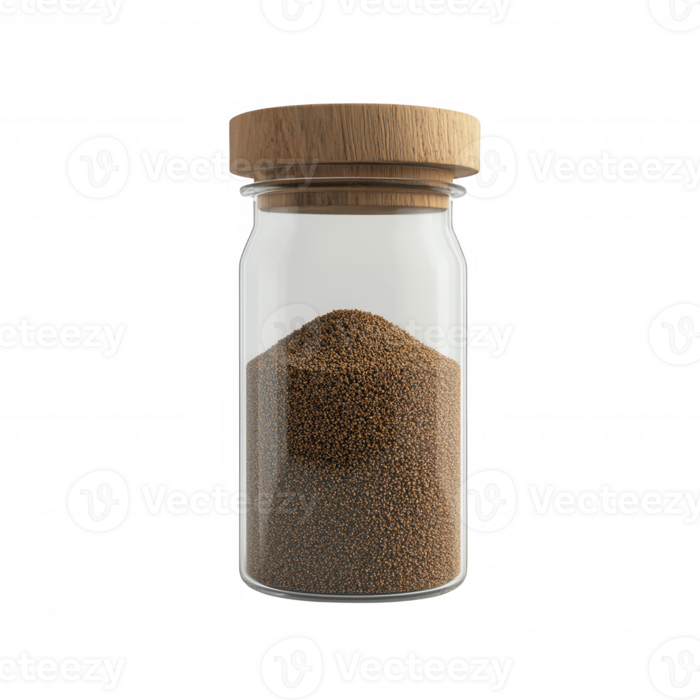 A glass jar filled with brown coffee granules and a wooden lid. png