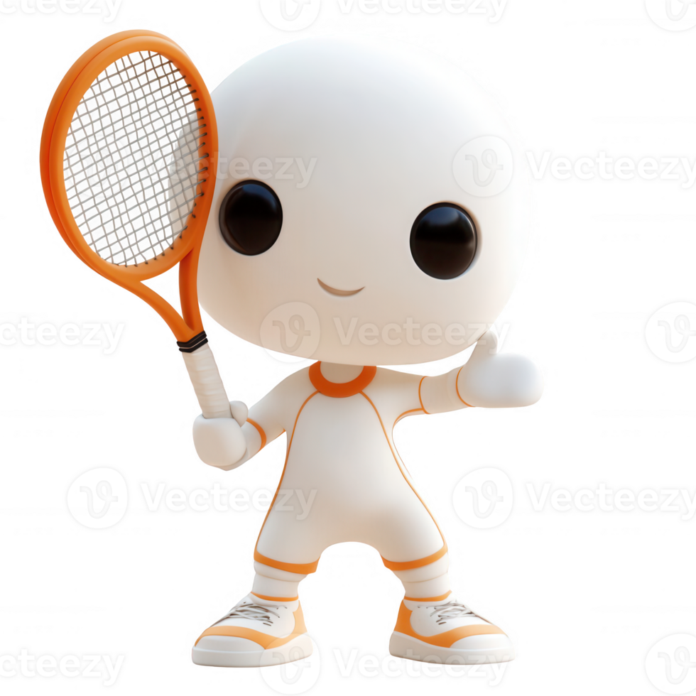 A cute cartoon character ready to play tennis with a racket and cheerful expression. png