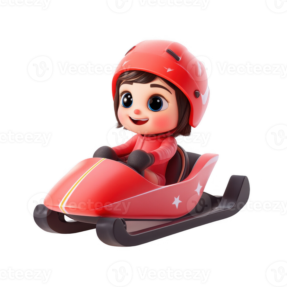 A cheerful child in a red sled wearing a helmet, ready for an exciting winter adventure. png