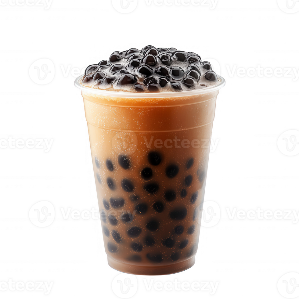 A refreshing bubble tea with tapioca pearls in a clear cup, perfect for hot days. png