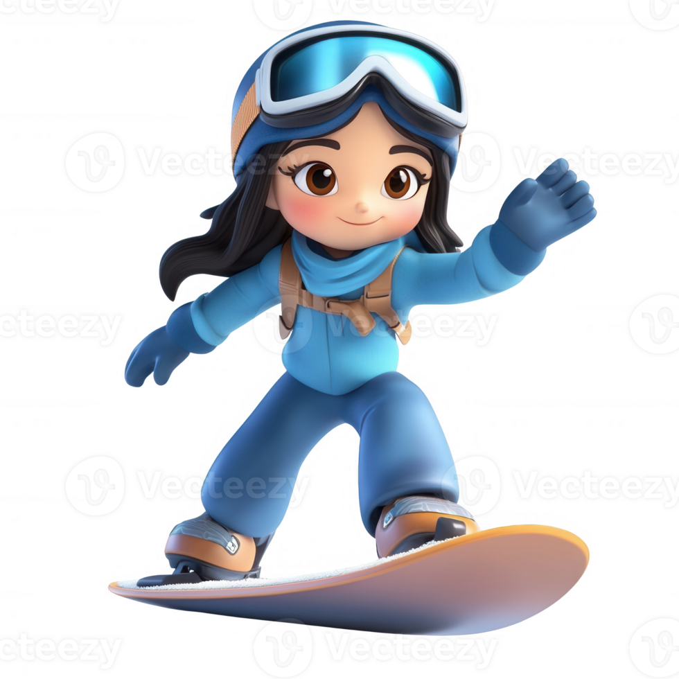 A cheerful cartoon character snowboarding down a snowy slope, enjoying winter fun. png