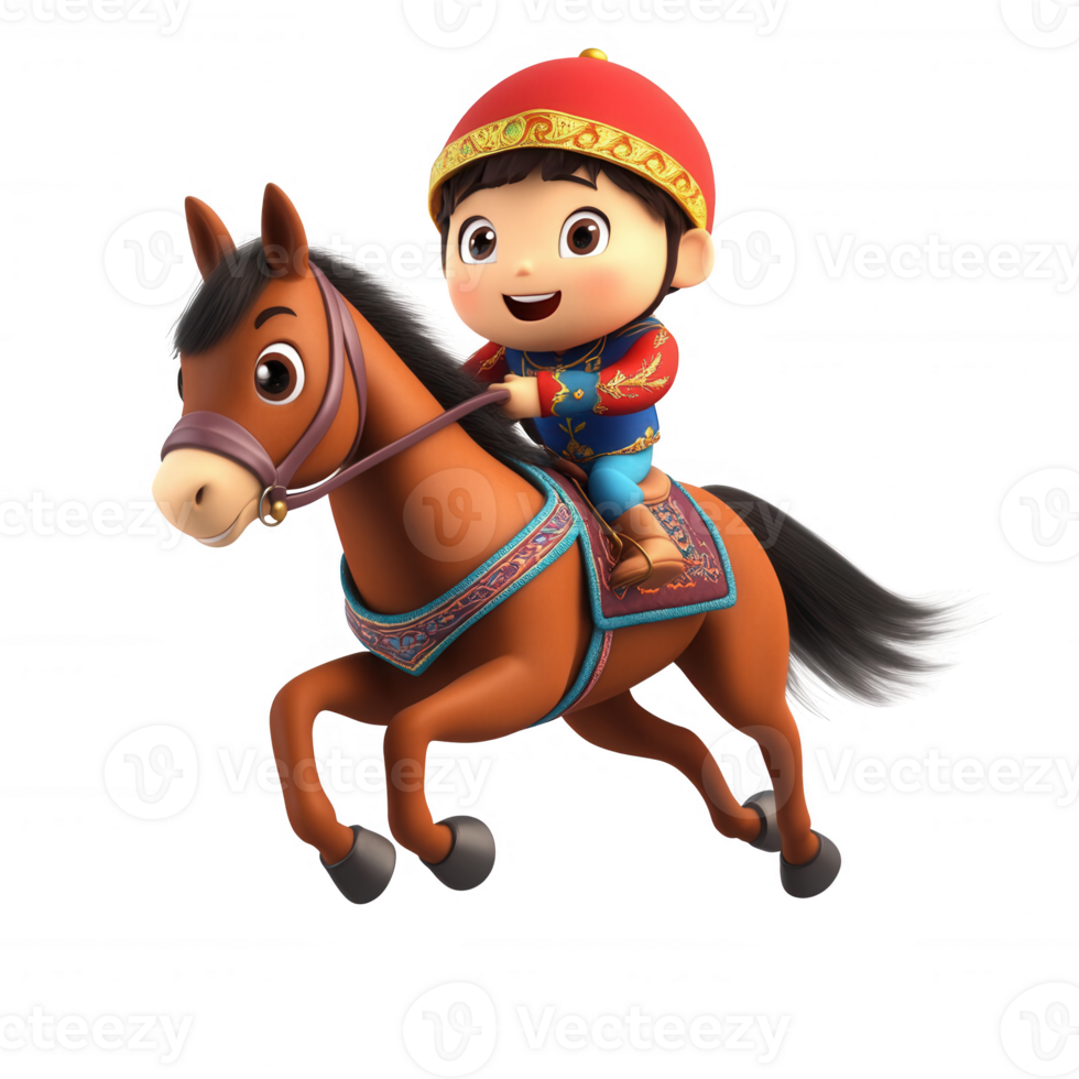 A cheerful child riding a cute cartoon horse, celebrating outdoor adventures. png