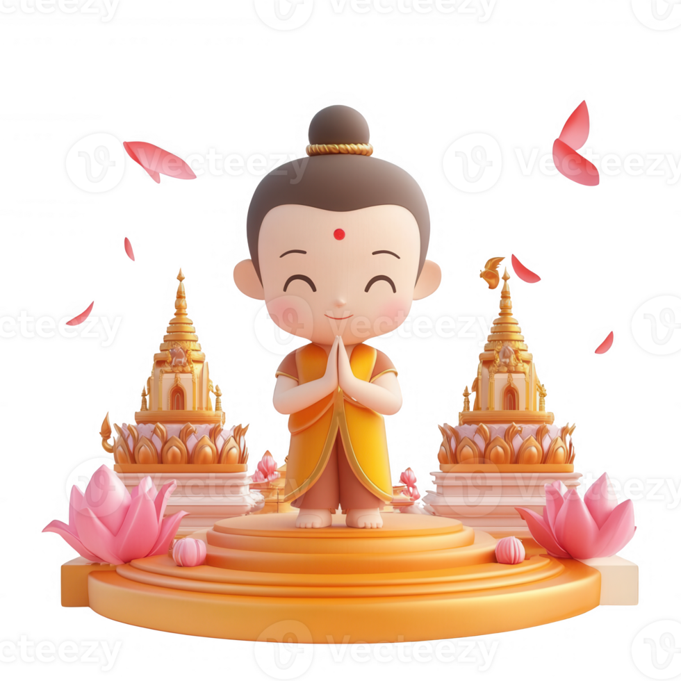 A serene cartoon figure signifies peace and harmony amidst ancient architecture. png