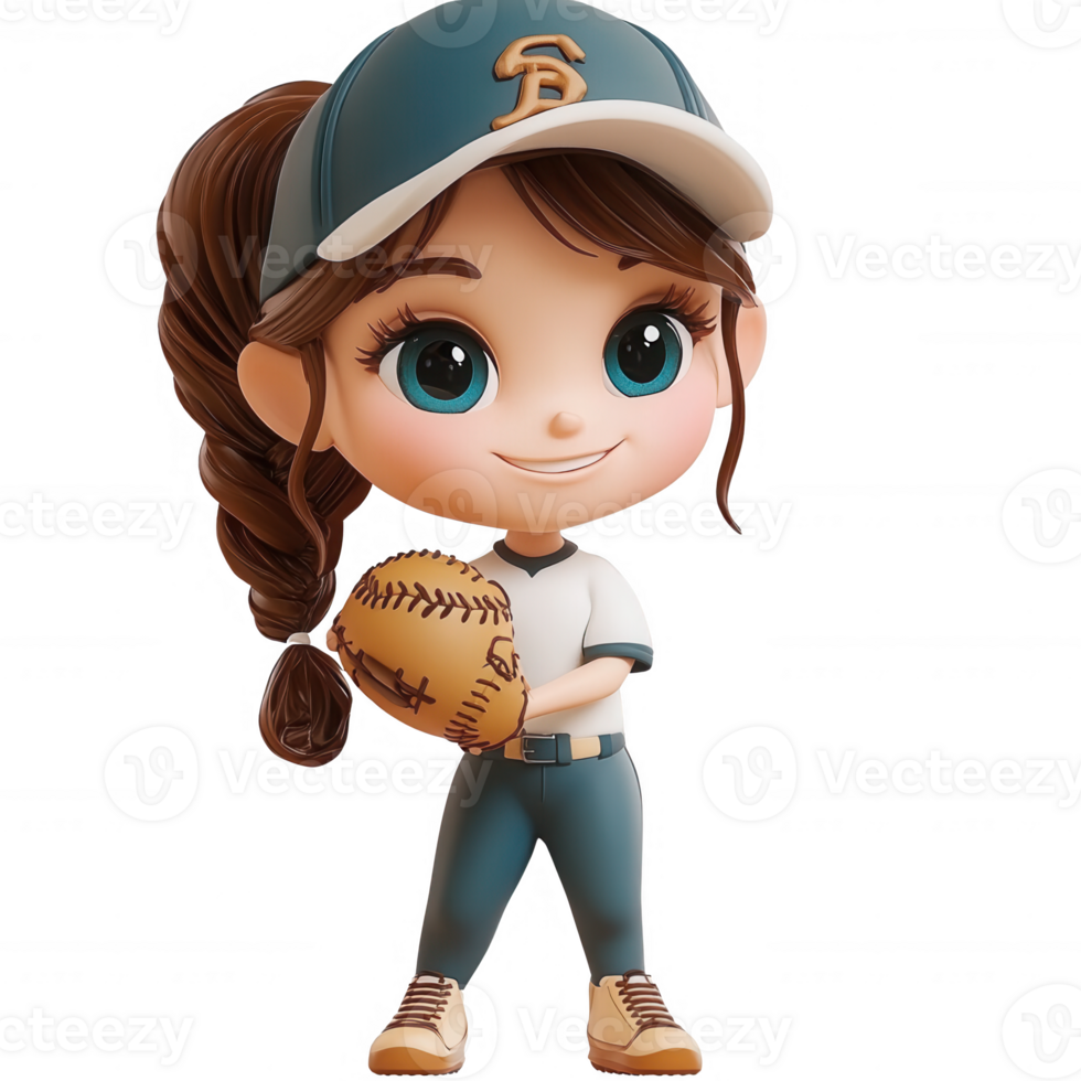 A cheerful girl dressed in a baseball uniform, ready to play with her glove and ball. png