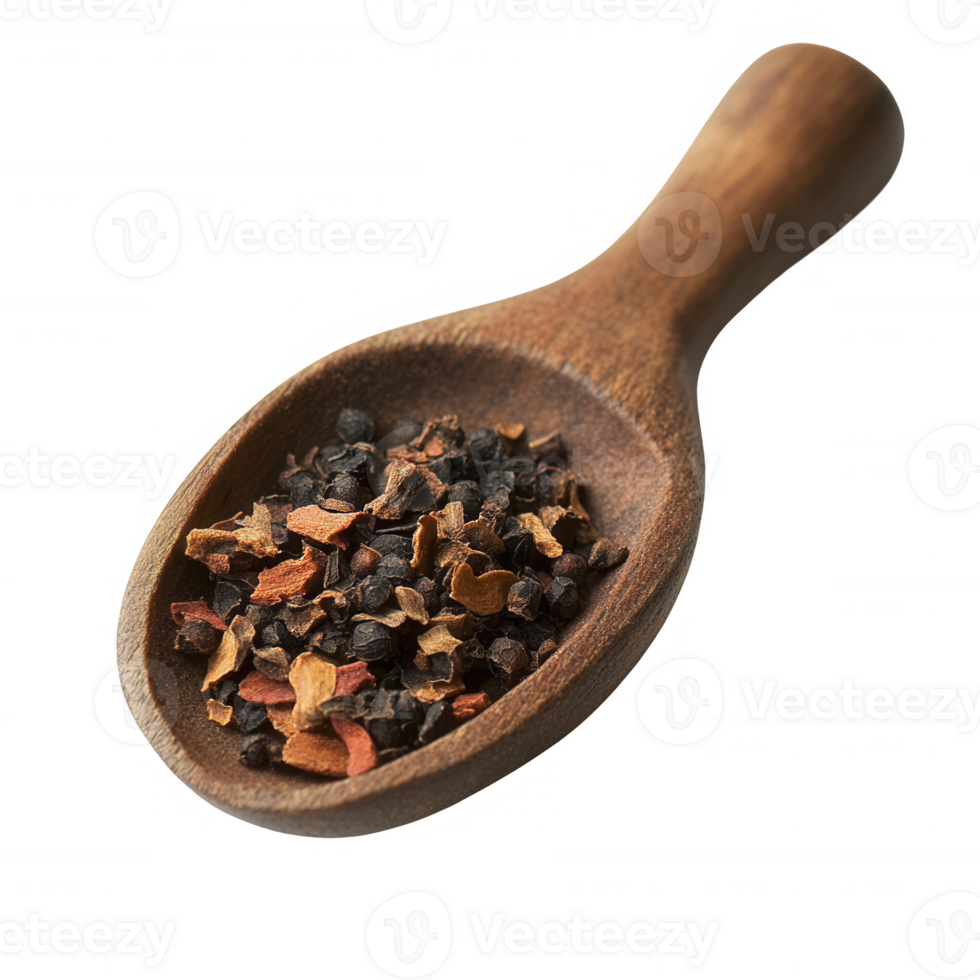 A wooden spoon filled with a variety of aromatic spices and herbs for culinary use. png
