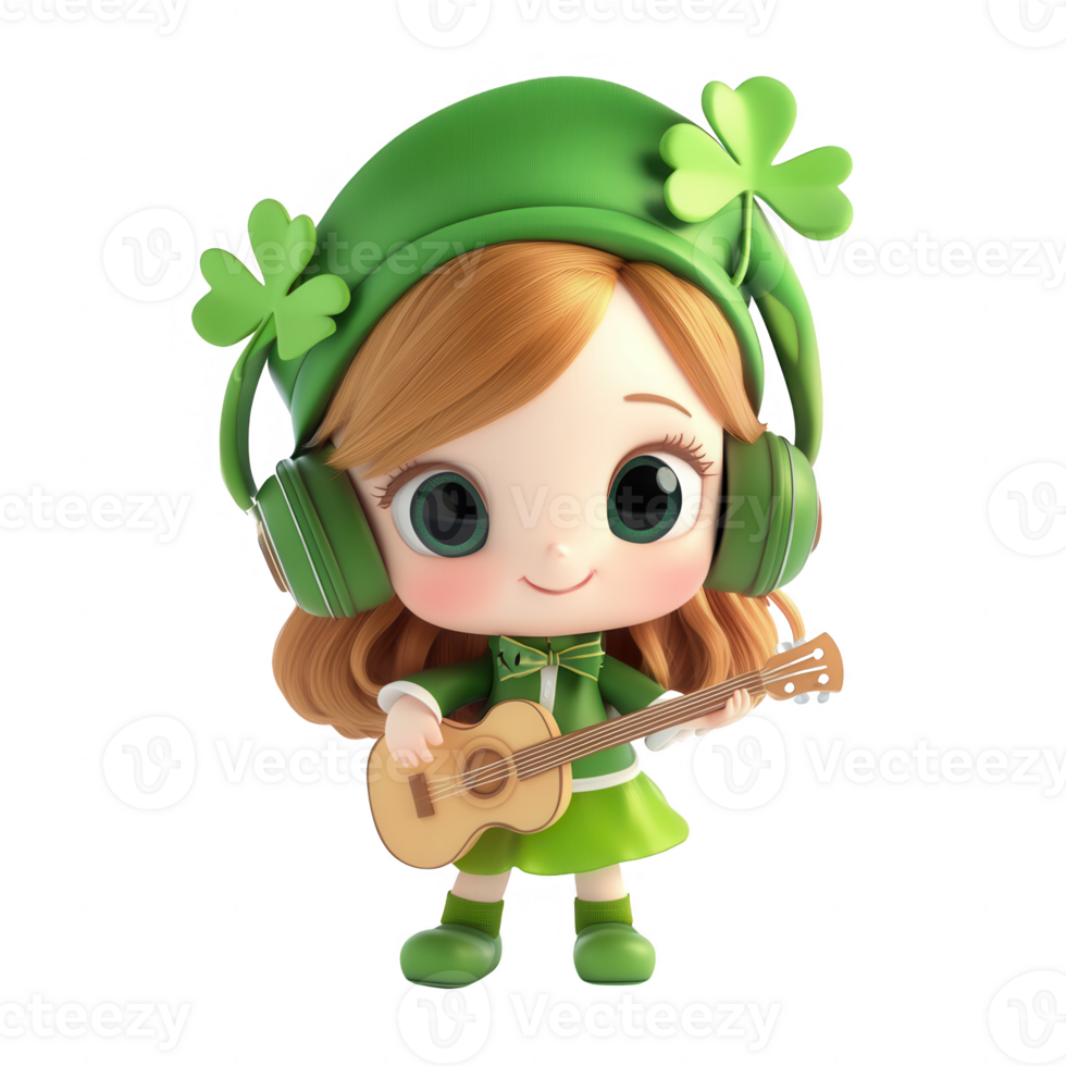 A cheerful girl dressed in green playing guitar with headphones and shamrocks. png