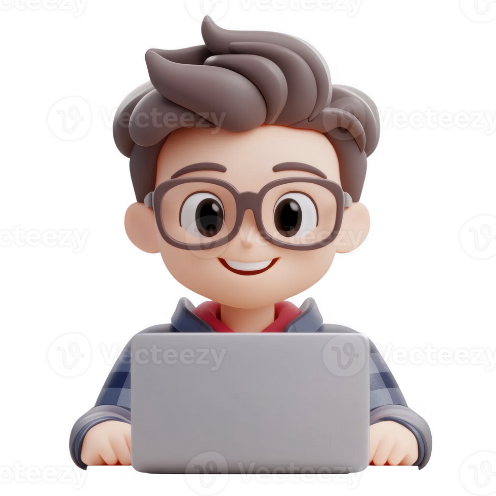 A cheerful character sitting at a laptop, representing productivity and creativity. png