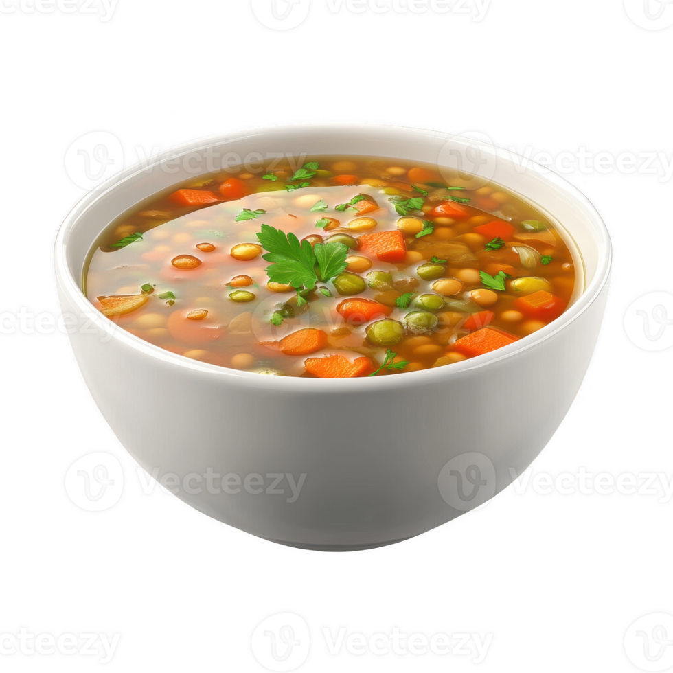 A delicious bowl of vegetable soup filled with colorful vegetables and herbs. png