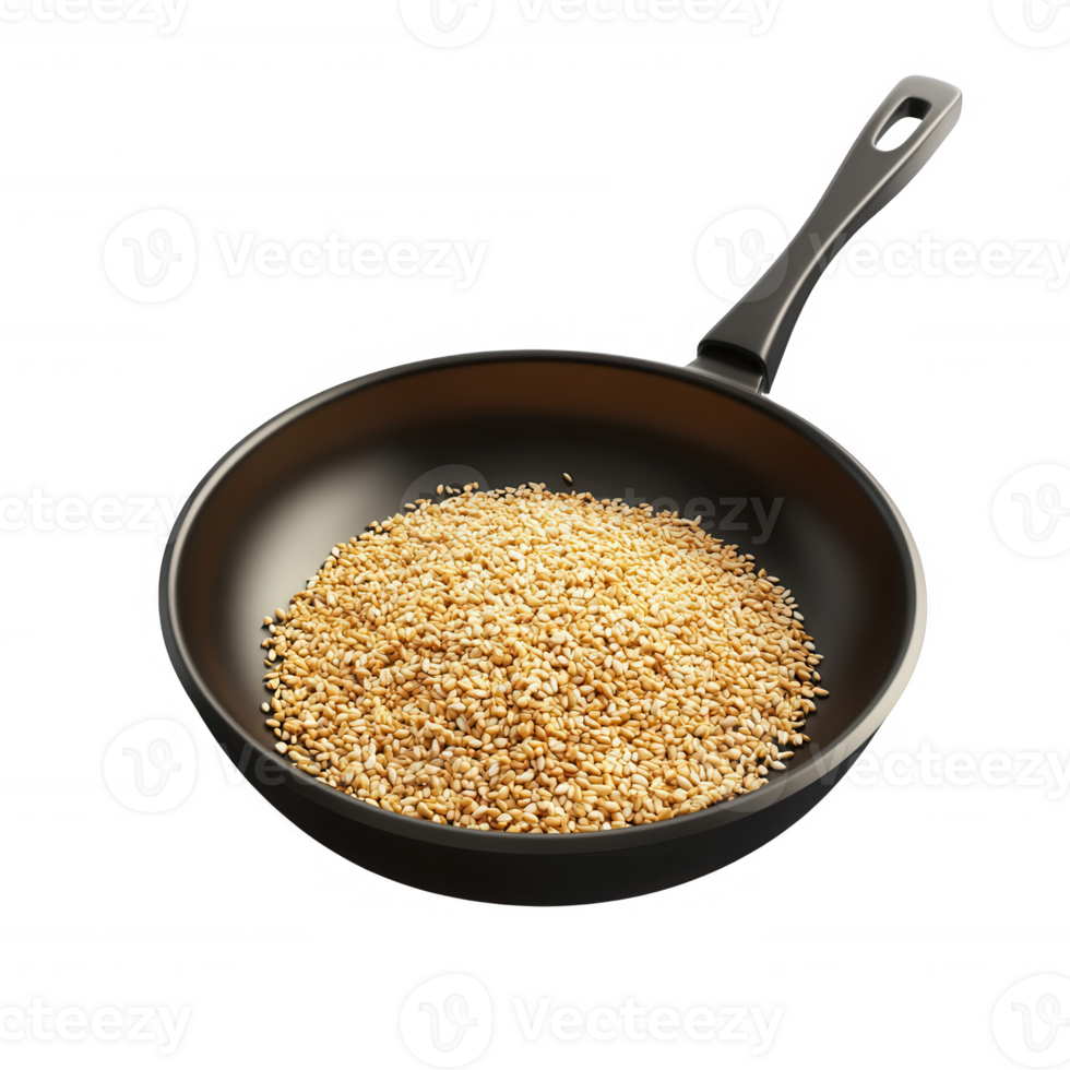 A close-up of sesame seeds in a frying pan, showcasing their texture and color. png