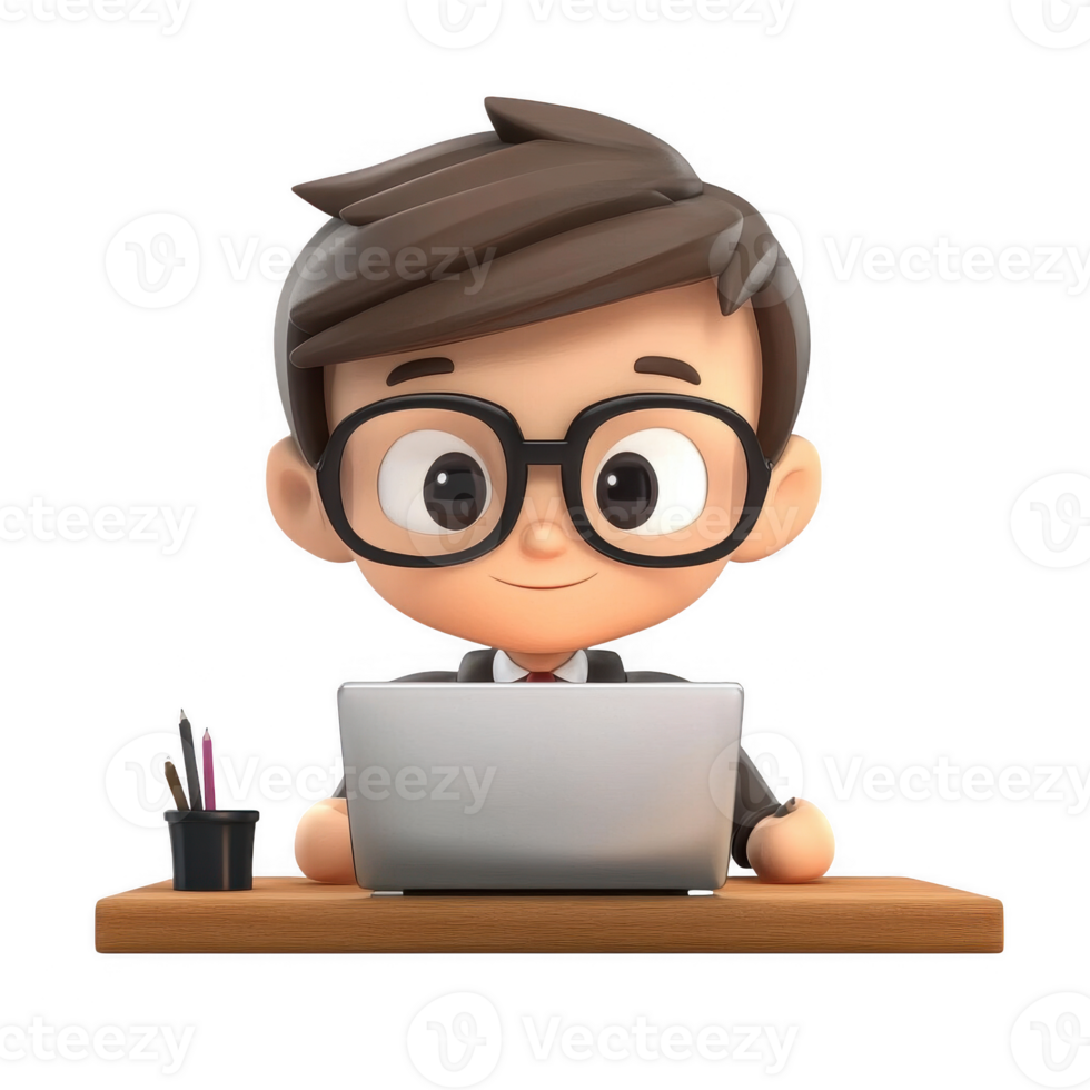 A young boy with glasses working on a laptop at a desk with office supplies. png